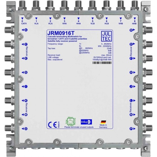 Jultec JRM 0916T Sat-Multischalter 16 Teilnehmer | 2 Satelliten, Endkaskade, DVB-T/T2- und DVB-C/Docsis-Verteilung, stromsparend